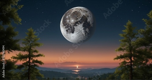 Capture the ultra-realistic details of a supermoon – when the moon is at its closest point to Earth – hovering over a tranquil landscape. Showcase the size and brightness of the moon-AI Generative photo