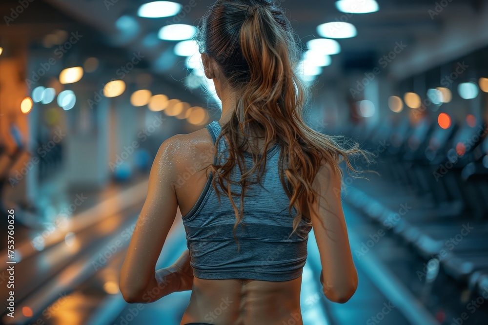 Athletic female with sweat-drenched back running on a treadmill indoors, showcasing fitness and endurance Athletic female with sweat-drenched back running on a treadmill indoors, showcasing fitness and endurance
