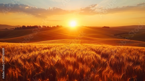 a field of wheat at sunset with the sun shining through the clouds and the sun shining down on the horizon. photo