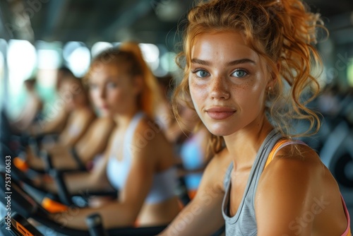 A young, fit woman with curly hair and a joyful expression using an elliptical machine in a gym during her workout