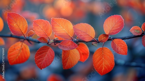 a branch of a tree with red and orange leaves in the foreground and a blurry background of orange leaves in the foreground.
