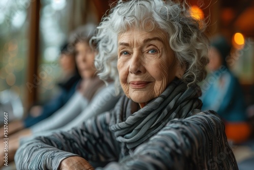 A serene portrait of an elderly woman with silver hair, smiling gently in a comfortable indoor setting, radiating warmth and wisdom