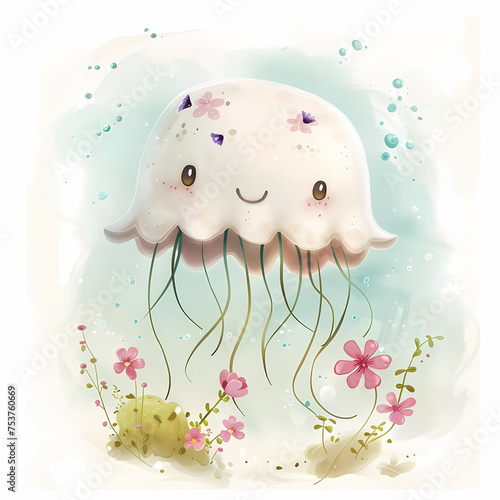 Illustration with a cute jellifish, flowers and seaweed on a blue background, in watercolor  style. Ideal for the design of cards, posters, wallpapers, prints on mugs, pillows, bags, packaging photo