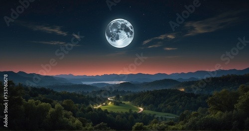 Capture the ultra-realistic details of a supermoon – when the moon is at its closest point to Earth – hovering over a tranquil landscape. Showcase the size and brightness of the moon-AI Generative © Sbahat
