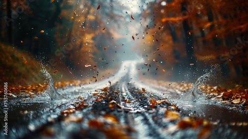 a wet road in the middle of a forest with leaves falling from the trees and falling off of the road.
