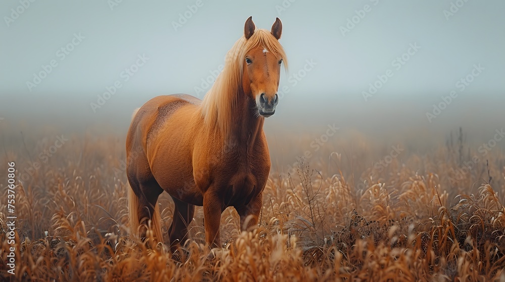 A majestic palomino horse stands in a misty, golden field highlighted by soft morning light.  - obrazy, fototapety, plakaty 