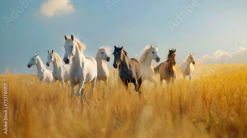 A herd of horses galloping across a golden field under a clear sky 