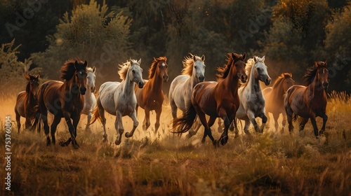 A herd of wild horses runs vigorously across a warm, sunlit field with dust swirling around their hooves.