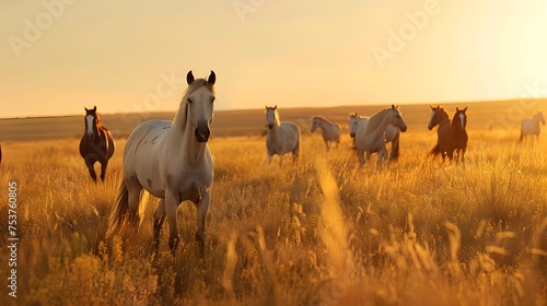 A herd of horses grazing peacefully in a golden field at sunset creating a serene natural landscape. 