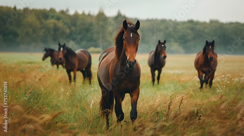 A herd of horses grazes peacefully on a lush green meadow under a hazy sky.