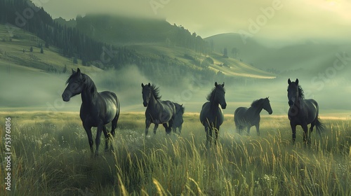 A serene image of a herd of horses galloping through a misty meadow at dawn, evoking a sense of freedom and tranquility.  photo
