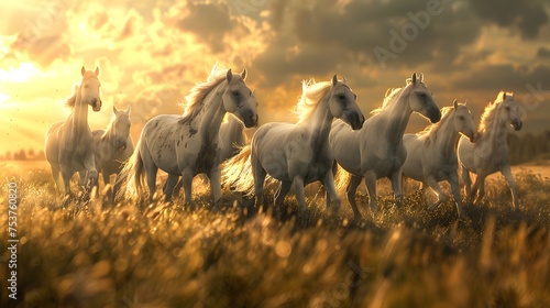 A majestic herd of white horses galloping in an open field at sunset with golden sunlight filtering through