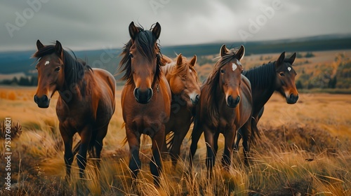 A herd of horses standing together in the autumn grassland at dusk, exuding a sense of freedom and tranquility. 