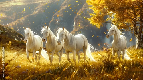A herd of graceful white horses gallops through an autumn-colored meadow illuminated by golden sunlight.