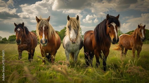 A group of five horses standing in a field with a cloudy sky in the background  depicting a serene rural scene