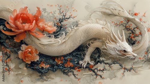 a painting of a white dragon with orange flowers on it's body and a red flower in its mouth. photo