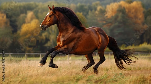 A majestic brown horse galloping freely in a golden field with autumn trees in the background.  © Munali