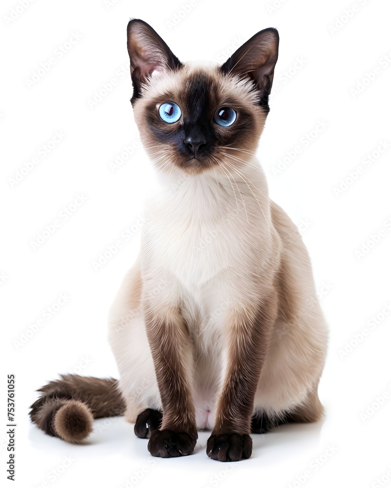 A siamese cat with blue eyes isolated on a white background