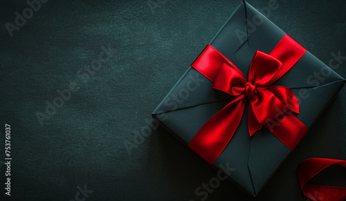 Close up black gift on black background with copyspace. Valentine's day, black friday, romance, love, wedding anniversary concept