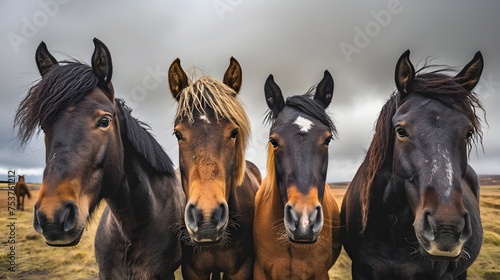 Four horses with various coat colors are standing side-by-side against a cloudy sky backdrop. © Munali