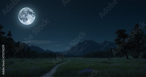Compose an image of a clear night sky with the full moon illuminating the surroundings. Pay attention to the realistic play of moonlight on the landscape, capturing the shadows -AI Generative