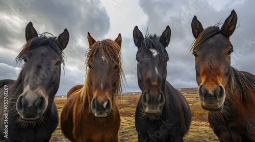 Four horses of different breeds standing close together in a grassy field. © Munali