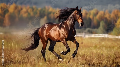 A brown horse in mid-gallop, its mane and tail flowing with its movement, against a backdrop of a golden sunset that casts an illuminating glow on the scene