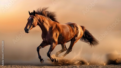 A brown horse in mid-gallop  its mane and tail flowing with its movement  against a backdrop of a golden sunset that casts an illuminating glow on the scene