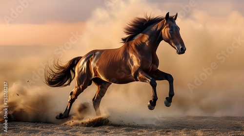 A brown horse in mid-gallop, its mane and tail flowing with its movement, against a backdrop of a golden sunset that casts an illuminating glow on the scene