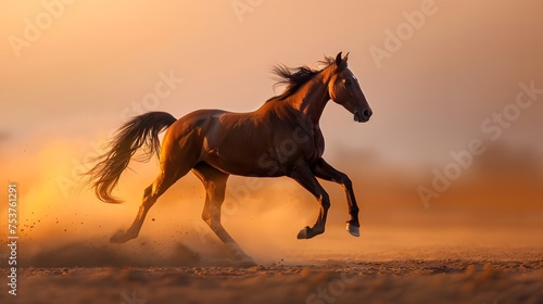 A brown horse in mid-gallop  its mane and tail flowing with its movement  against a backdrop of a golden sunset that casts an illuminating glow on the scene