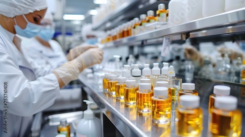 Laboratory technician in protective gear meticulously working with various bottles of chemicals on a lab shelf 