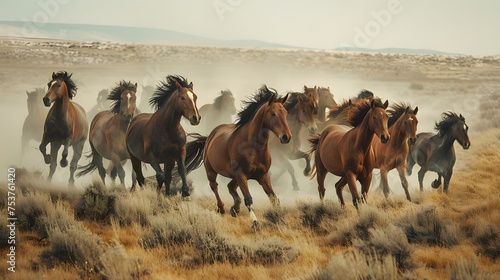 A dynamic herd of horses gallops across a misty field, encapsulating the sense of freedom and wild beauty in nature.  © Dionysus