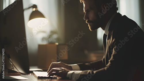 A professional man working on a computer in a dimly lit room exudes focus and dedication to his task.