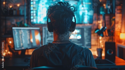 Rear view of a person with headphones facing multiple computer screens in a dark room illuminated by blue light from the screens 