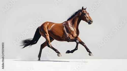 A majestic brown horse gallops with grace and power against a clean white background  perfectly showcasing its strength and beauty. 