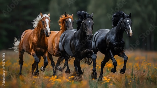 Galloping horses showcasing the powerful elegance of wild animals in a natural setting with a blurred forest background. 