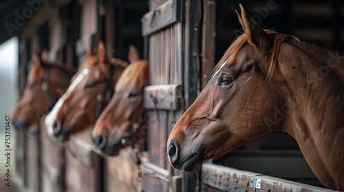 A line of brown horses peeking their heads out from stable windows, showcasing their equine profiles and attentive expressions. © Dionysus