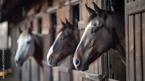 Three horses peering out from the stable stalls in a serene stable setting. 