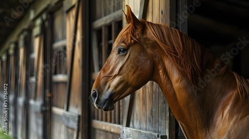 A majestic chestnut horse peeks its head out from a stable's wooden window, with a blurred background highlighting its features. 