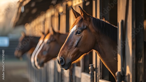 A row of horses looking out from their stable stalls during golden hour light. 