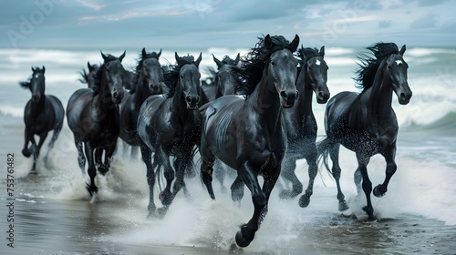 A herd of black horses running towards the viewer on a beach, with the surf of the ocean at their hooves and a stormy sky above photo