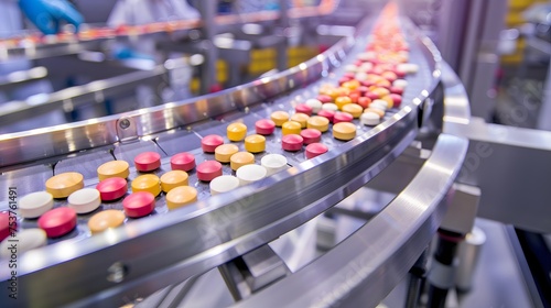 Pills on a pharmaceutical production line with a blurred background conveying a high-tech manufacturing concept.