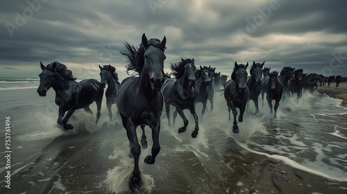 A herd of black horses running towards the viewer on a beach, with the surf of the ocean at their hooves and a stormy sky above. The sense of movement is palpable as the horses appear to emerge from t