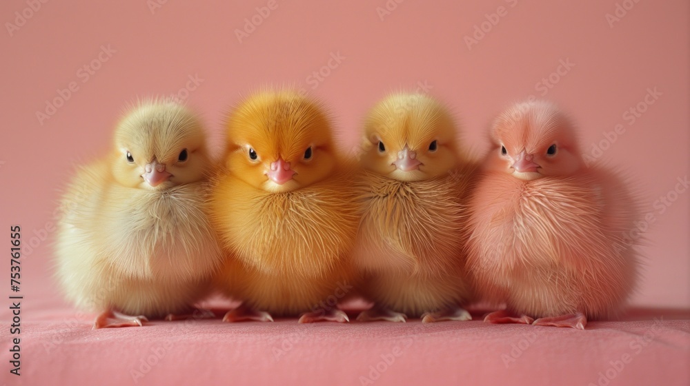 a group of small yellow chicks sitting next to each other on a pink surface in front of a pink background.