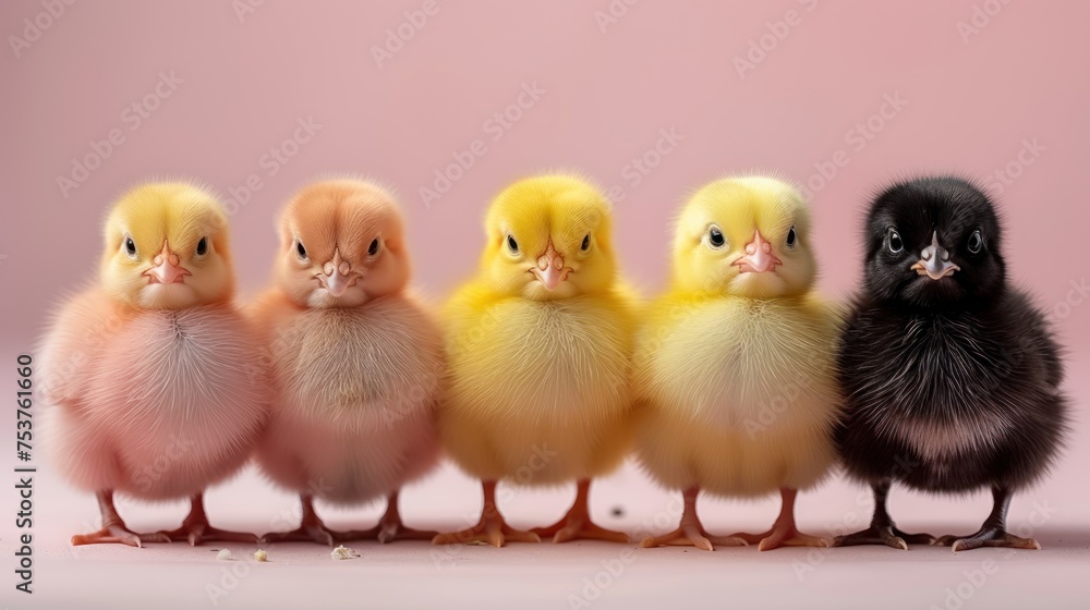 a group of little chicks sitting next to each other on top of a pink surface in front of a pink background.