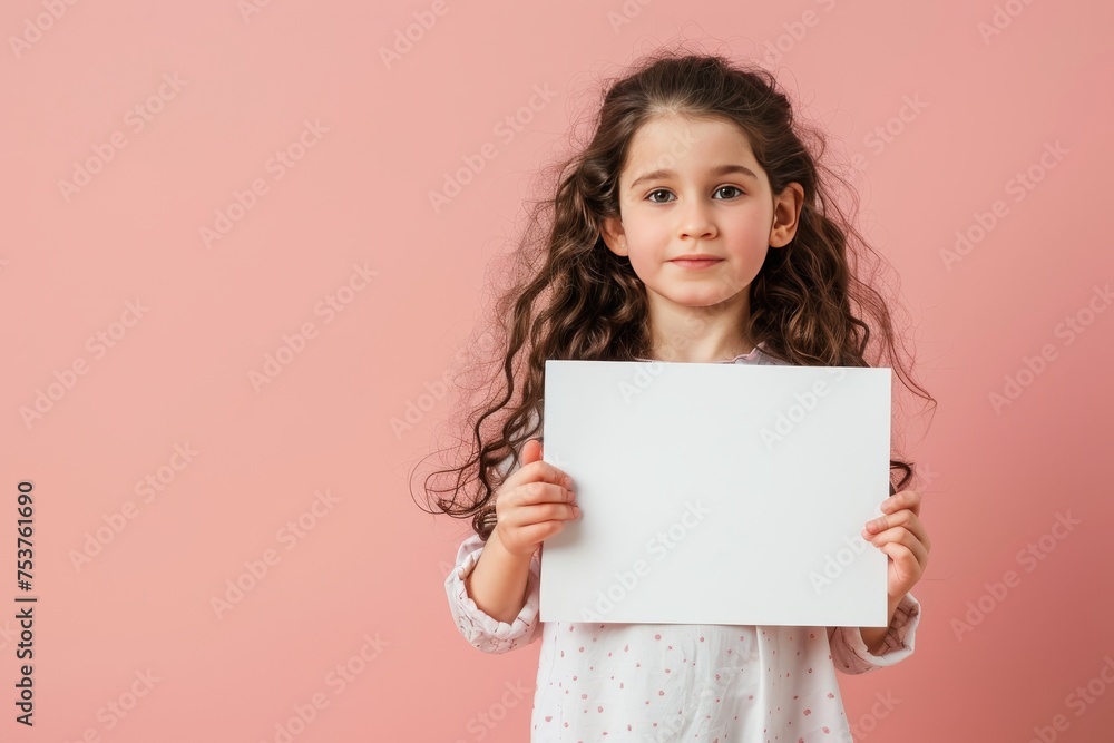 Young girl holding up a blank sheet of paper with space for a message Young girl holding up a blank sheet of paper with space for a message