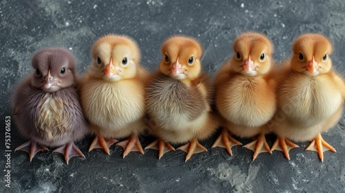 a group of little ducks sitting next to each other on top of a gray stone floor next to each other. photo