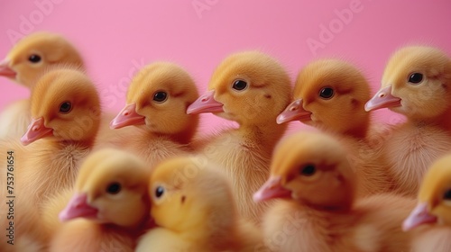 a group of baby ducks sitting next to each other on top of a pink surface with a pink wall in the background. photo