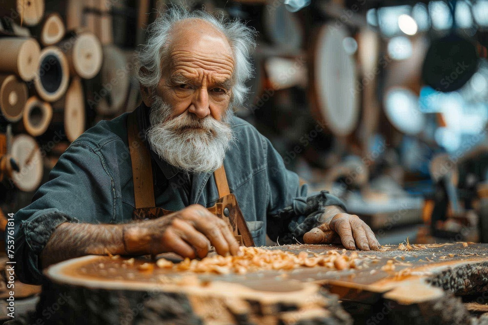 Elderly skilled woodcarver intensely working in his workshop Elderly skilled woodcarver intensely working in his workshop
