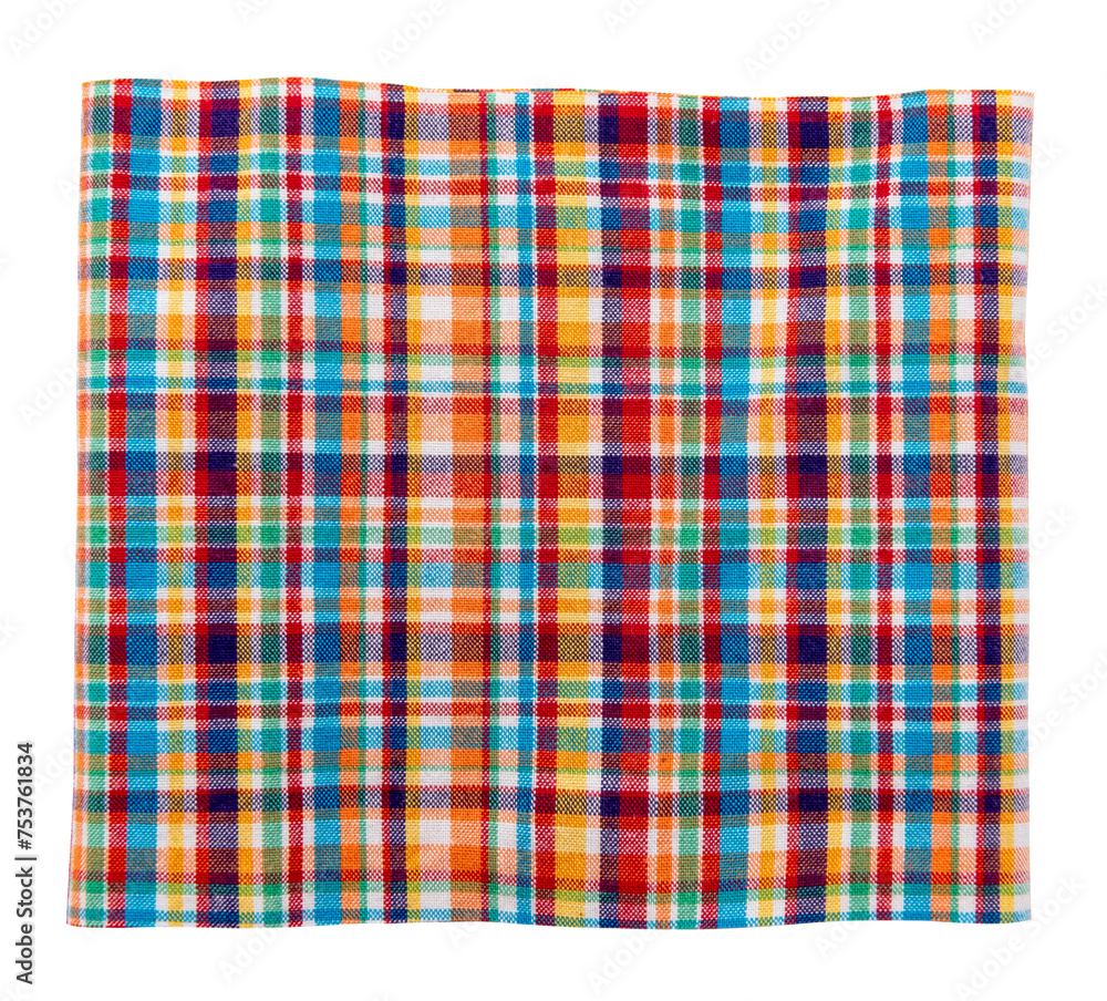 Piece of torn crumpled checkered fabric on a white background. Textile. Cellular tissue isolate Piece of torn crumpled checkered fabric on a white background. Textile. Cellular tissue isolate